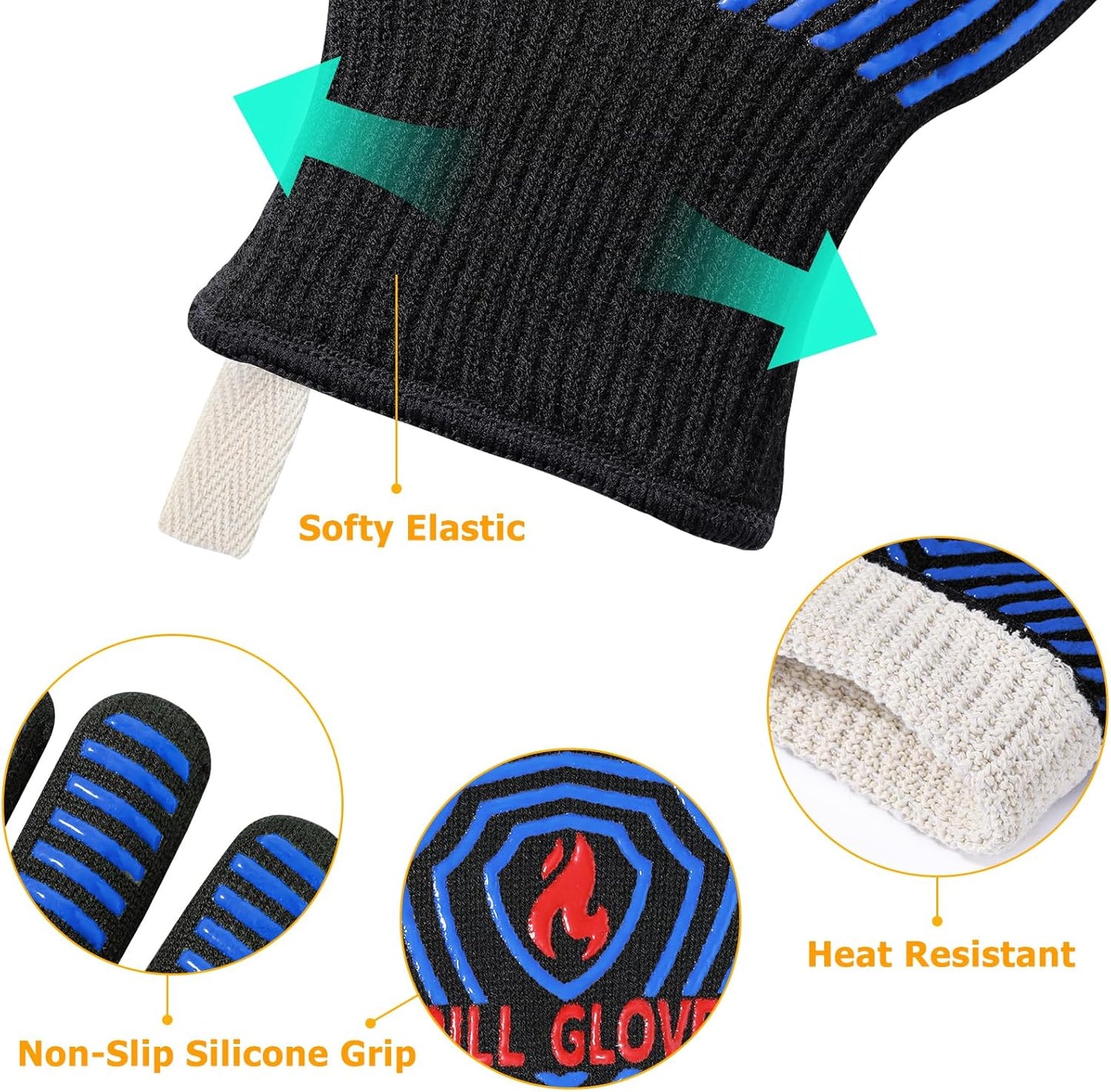 QUWIN BBQ Gloves, Oven Gloves 1472℉ Extreme Heat Resistant, Grilling Gloves Silicone Non-Slip Oven Mitts, Kitchen Gloves for BBQ, Grilling, Cooking, Baking-1 Pair (One Size Fits Most, Black/Blue)
