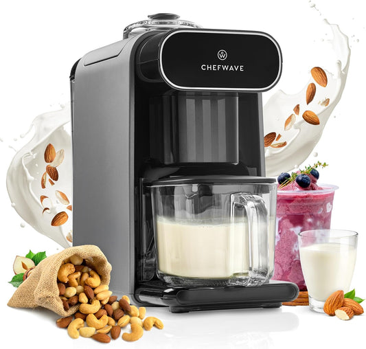 ChefWave Milkmade Non-Dairy Milk Maker – 6-in-1 Vegan Plant-Based Milk Machine with Auto Clean, Delay Start & Glass Pitcher – Almond, Oat, Soy, Cashew, Coconut, Macadamia Milk Maker & Nut Platter