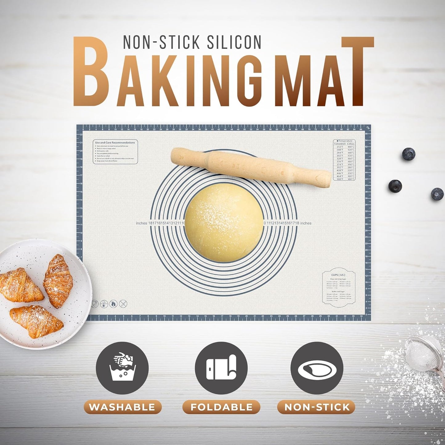 28 * 20 inches Grey, Non-Slip Silicone Baking Sheets - Baking Mat with 0.7mm Thickness - Non-Stick Pastry & Cookie Mat for Kitchen Counter for Rolling Out Dough with Measurements.