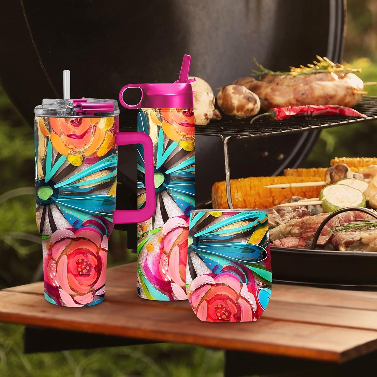 RainCaper 18/8 Stainless Steel Insulated Water Tumbler with Straw | 30oz, BPA-Free, Double Wall for Hot & Cold | Travel-Friendly, Cup Holder Ready (EttaVee Flowers On Glass)