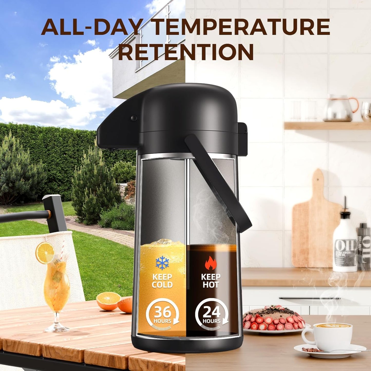 Coffee Carafe for Keeping Hot - 85OZ / 2.5L Airpot Coffee Dispenser with Pump - Large Coffee Thermos for Hot Drinks Tea Liquid - Insulated Stainless Steel Hot Water Beverage Dispenser Urn for Parties