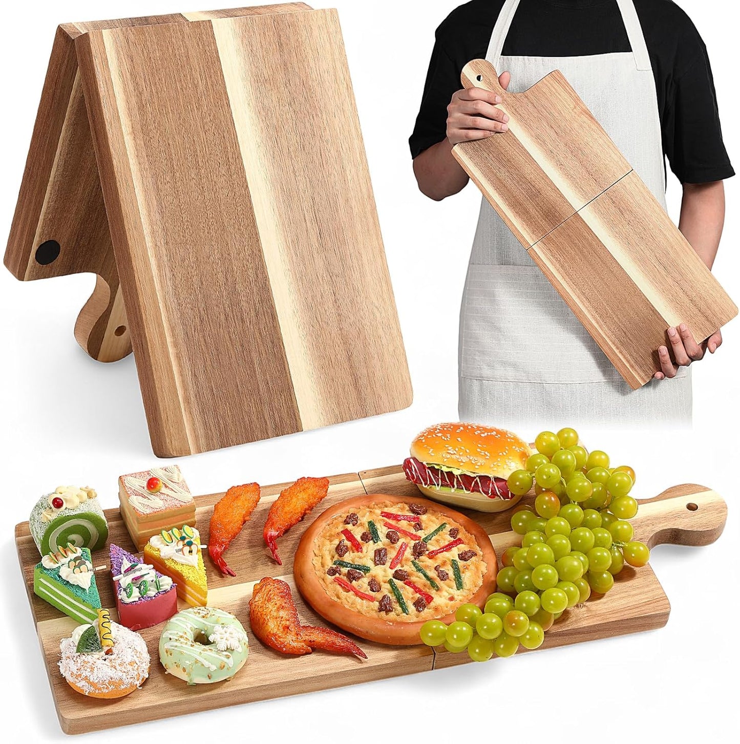 Large Acacia Charcuterie Board Wood Charcuterie Boards with Handles Foldable Travel Wooden Serving Cheese Boards for Party Food Appetizers Housewarming Gift Meat Party(31.5 x 8.7inch)