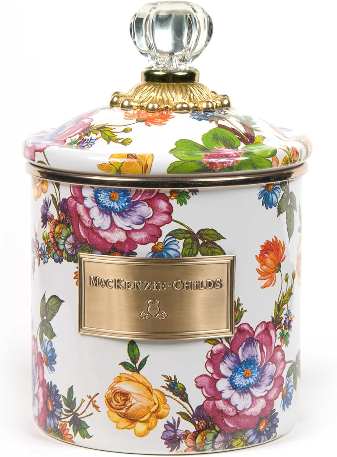 MACKENZIE-CHILDS Small Enamel Canister, Kitchen Storage Container for Flour and Sugar, 1.13 Liters, White Flower Market