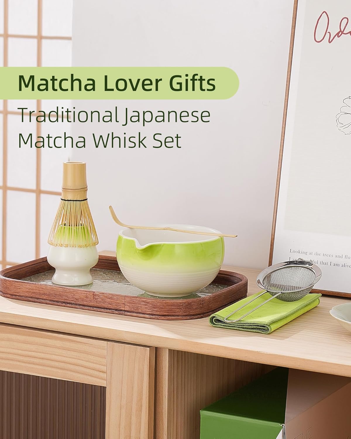 ZENS Matcha Whisk Set, 15oz Matcha Bowl with Spout, 6pcs Matcha Tea Set with Bamboo Whisk & Scoop, Holder (Chasen), Matcha Sifter, Tea Towel for Matcha Ceremony, Green
