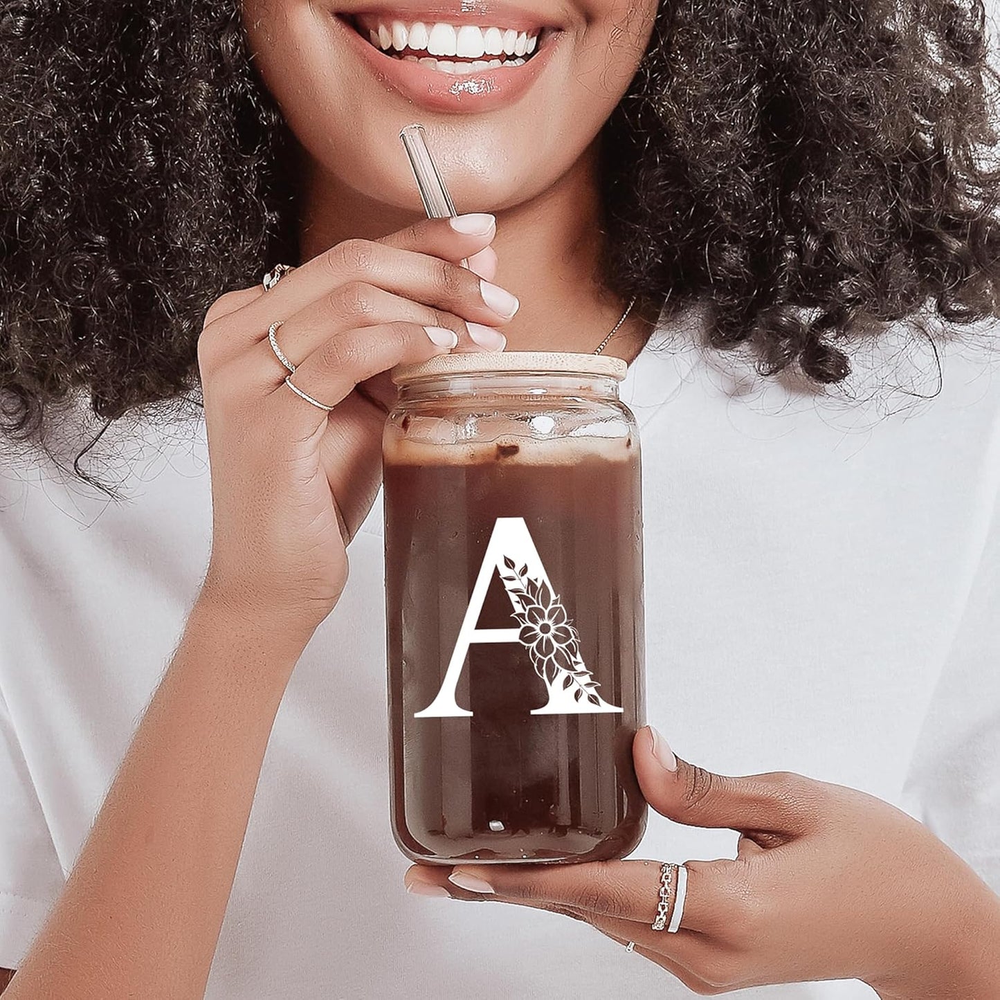 Personalized Gifts for Women, Monogrammed Glass Cups with Lids and Straws, Custom Tumbler, Cute Customized Mug, Aesthetic Stuff, Initial Iced Coffee Cup, Drinking Glasses, Birthday Teacher Gifts, D