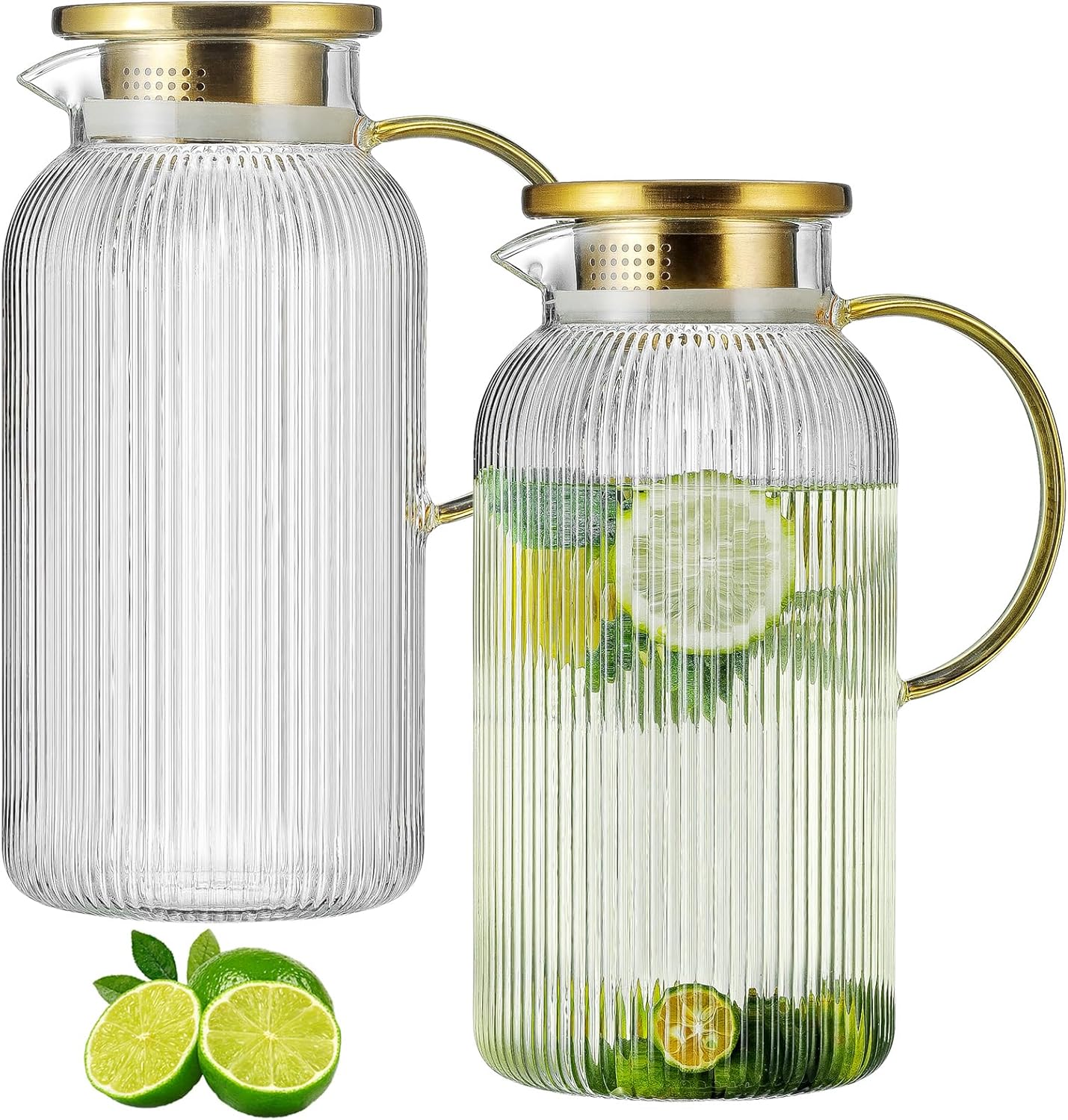 2 PACK Glass Pitcher with Lid, 84oz/2.5L Liter Classic Vertical Stripes Water Pitcher,Glass Water Carafe for Cold Brew, Coffee, Lemonade, Iced Tea,Sun Tea, Beverage, Heat Resistant