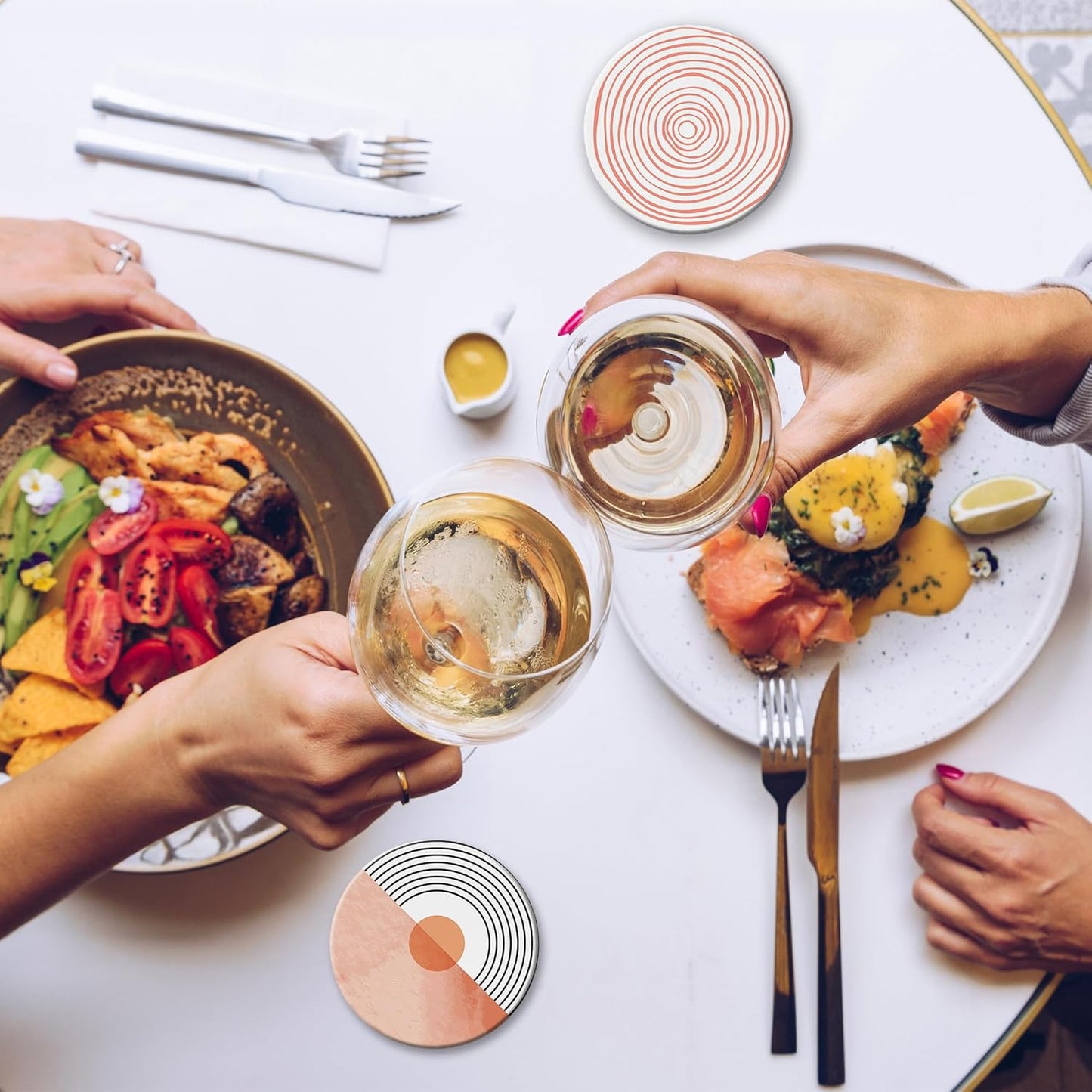 Table Coaster for Drinks Set of 6, Coral Watercolor Series Round Ceramic Coasters,with Cork Base and Metal Holder,Great Housewarming Birthday Gifts,Home Decor