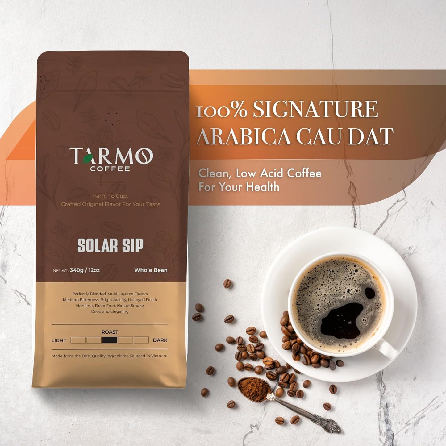 TARMO - SOLAR SIP | Low Acid 100% ARABICA Whole Bean Coffee | Specialty Vietnamese Coffee | Single Origin Dark Roast Coffee Beans | 12 Oz Bag