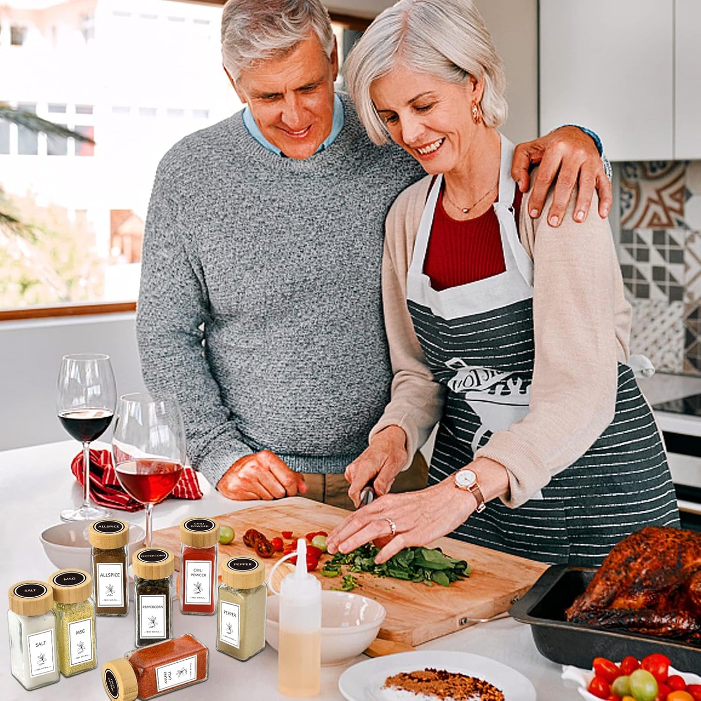 Aliggbent Spice Jars with Lable, 48 Pcs 4 oz Glass Spice Jars with Bamboo Lids, Spice Containers Bottles, Glass Seasoning Jars with Shaker Lids, Collapsible Funnel, for Spice Racks, Pantry,Cupboard