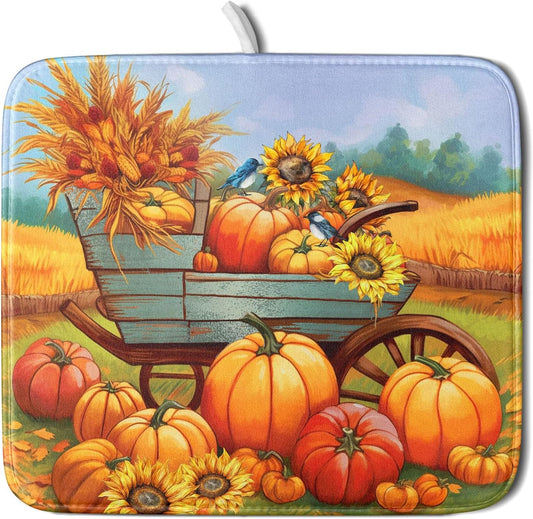 Thanksgiving Autumn Harvest Pumpkin Dish Drying Mat for Kitchen Counter,Sunflowers and Cart Drying Mat 16 x 18 Inch Microfiber Dish Drying Pad Ear of Rice Dish Rack Drainer Mat for Coffee Bar