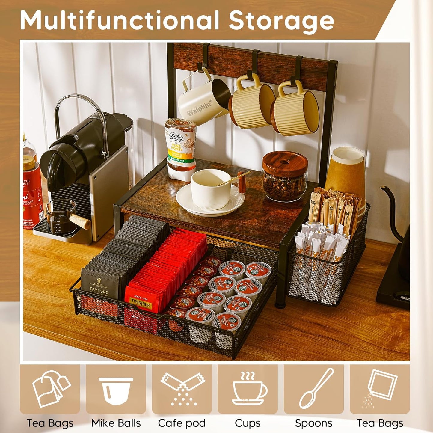 Coffee Bar Organizer with K Cup Holder,Coffee Pod Drawer Holder for 24 Pod Capacity, Storage Drawer with Dispoable Cups & Lids Holder, Coffee Bar Station Organier for Countertop, Kitchen