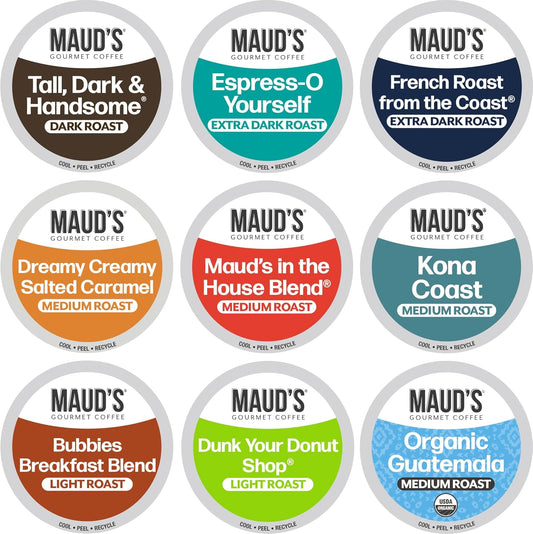 Maud's Original Coffee Pods Variety Pack, 80 ct, 9 Assorted Roasts, Dark & Medium Roast Coffee in Recyclable Single Serve Pods – 100% Arabica Coffee, Compatible with Keurig K Cups Maker