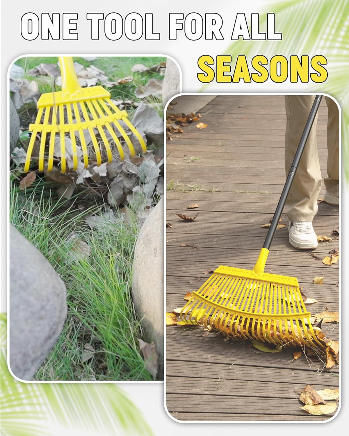 Garden Leaf Rake 2 Pack, 11+25 Tines Metal Leaf Rake with Adjustable Handle, Heavy Duty Lawn Yard Rakes Set for Leaves, Grass, Shrubs, Debris, Pine Needles, Garden Cleanup Tools for Backyard