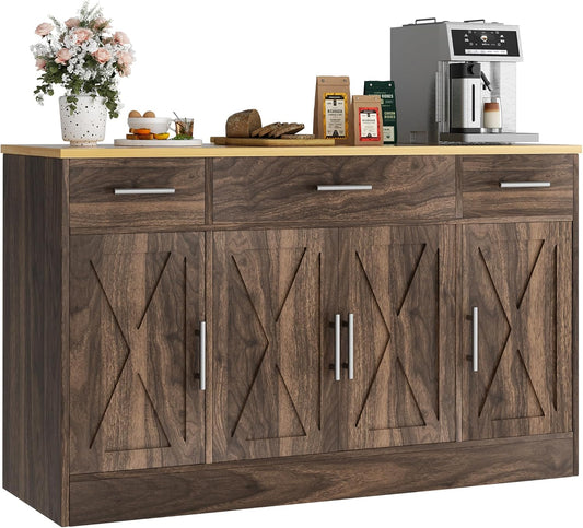 Vongrasig 53' Large Sideboard Cabinet with 4 Doors and 3 Drawers, Farmhouse Buffet Table Coffee Bar Kitchen Storage Cabinet, Wood Cabinet for Kitchen, Dining Room, Rustic Brown