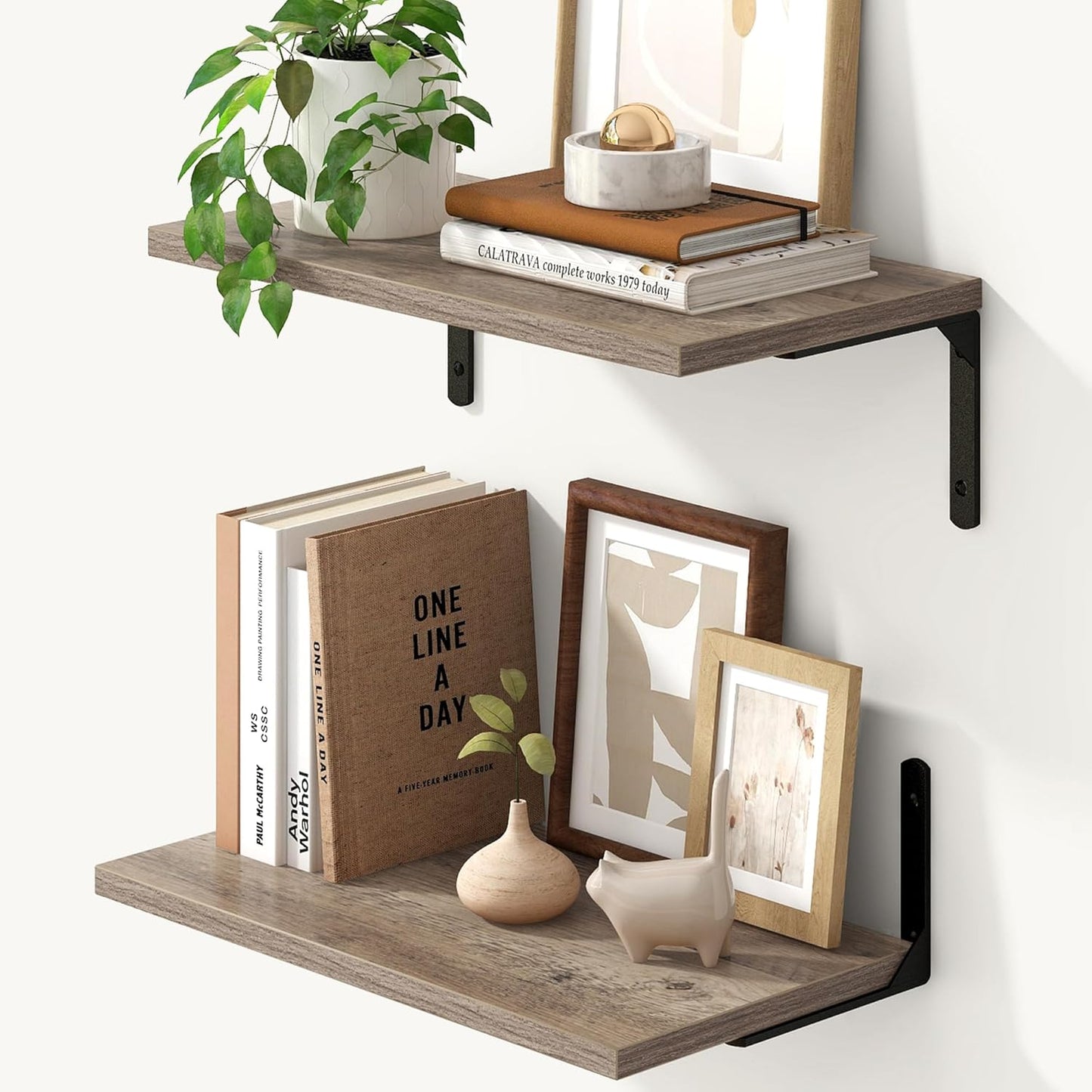 Fun Memories Deep Floating Shelves, 16W x 8D Floating Shelves Set of 2, Wall Mounted Shelf with Metal Brackets, Rustic Wood Wall Shelf for Bathroom, Kitchen and Living Room, Grey