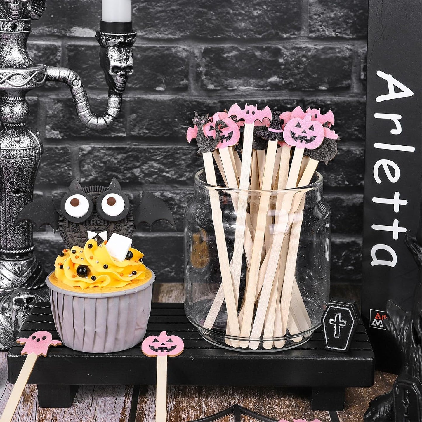 120Pcs Halloween Coffee Stirrers Disposable Pink Black Ghost Bat Cat Pumpkin Stir Sticks Wooden Drink Stirrer for Hot Chocolate Milkshake Restaurant Home Office