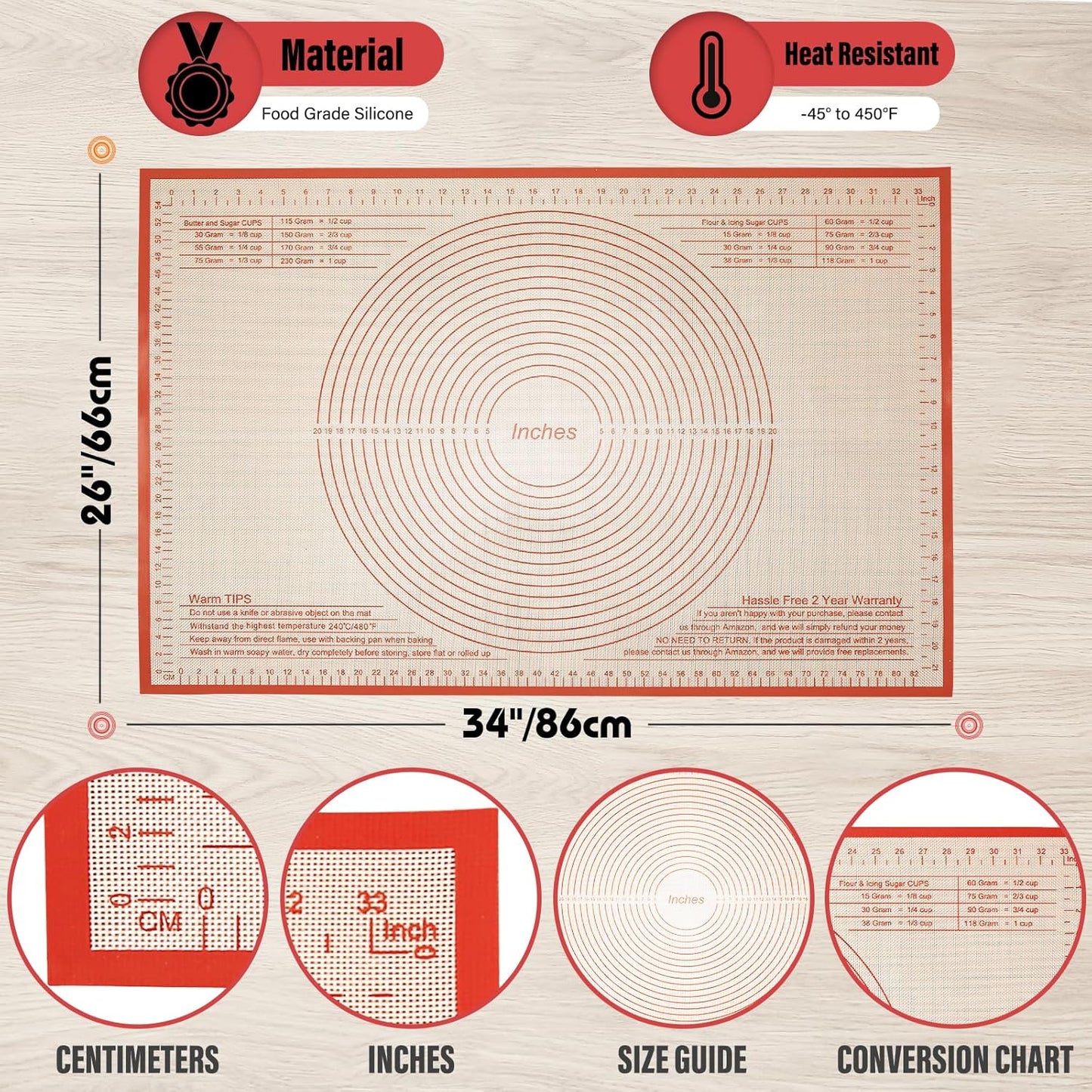 Silicone Pastry Mat 34x26 Inch Nonstick Baking Mats, Kitchen Counter Mat Perfect for Dough, Pastry, Dough Rolling, Kneading Board, Pie Crust, Fondant, Pasta, Pizza Mat