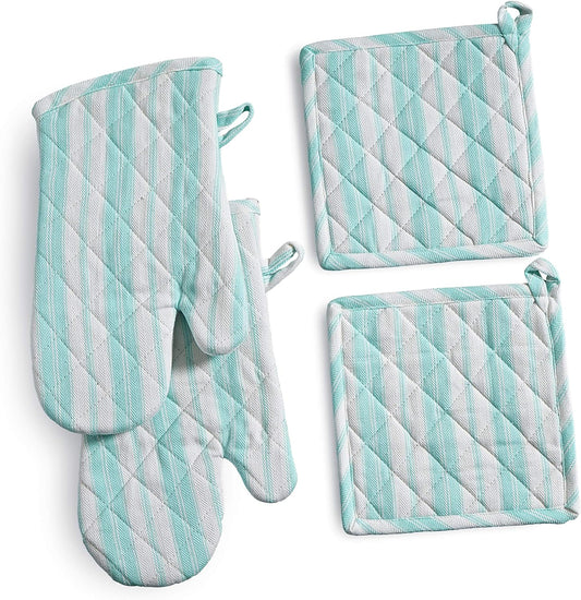 Oven Mitts & Potholder Set - Durable Heat Resistant Gloves - Thick Mittens for Kitchen - Suitable for Cooking, Baking, Grilling – BBQ - 2 Oven Mitts & 2 Potholders – Light Blue Stripes - Casa De Lan