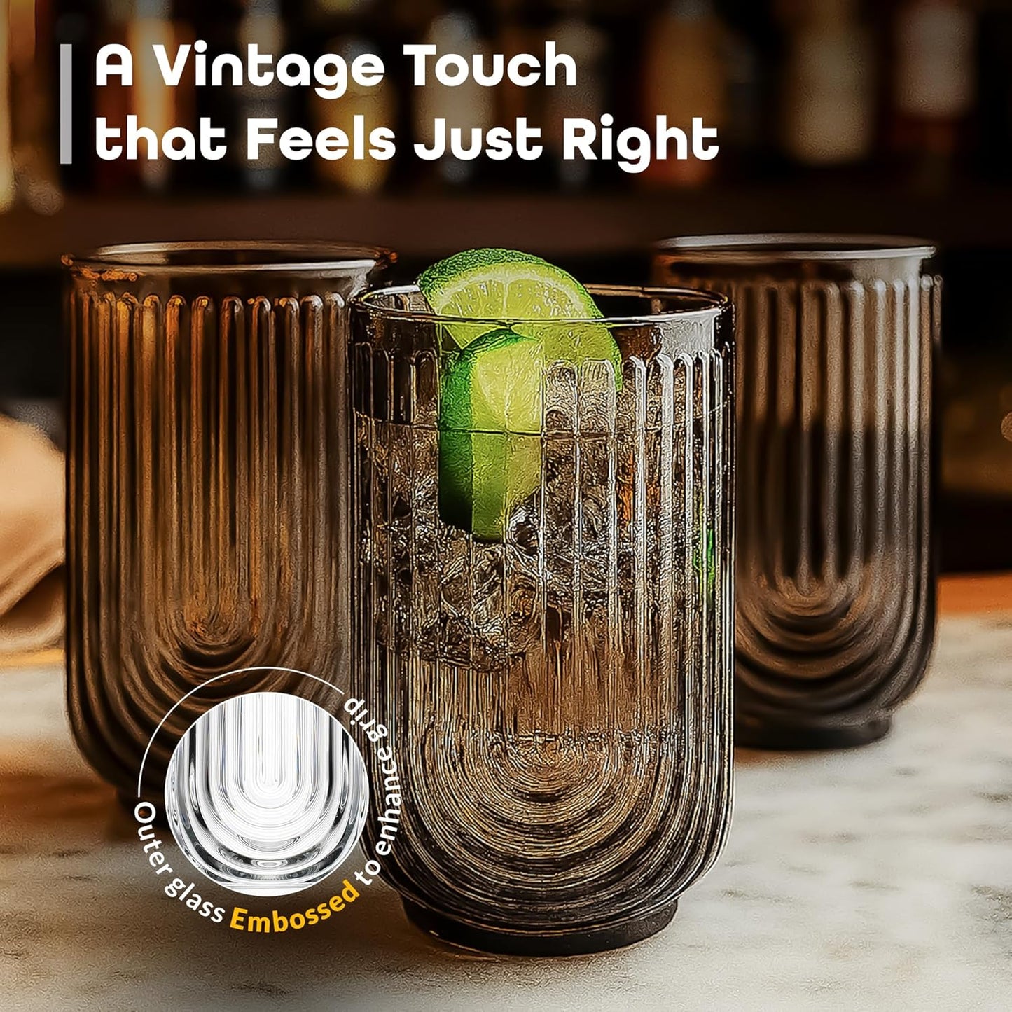 Vintage Glassware Art Deco Highball Glasses Set of 4 Smoke Ribbed Drinking Glasses 17 Oz Black U-Shape Arch Design Colored Cocktail Kitchen Tumblers