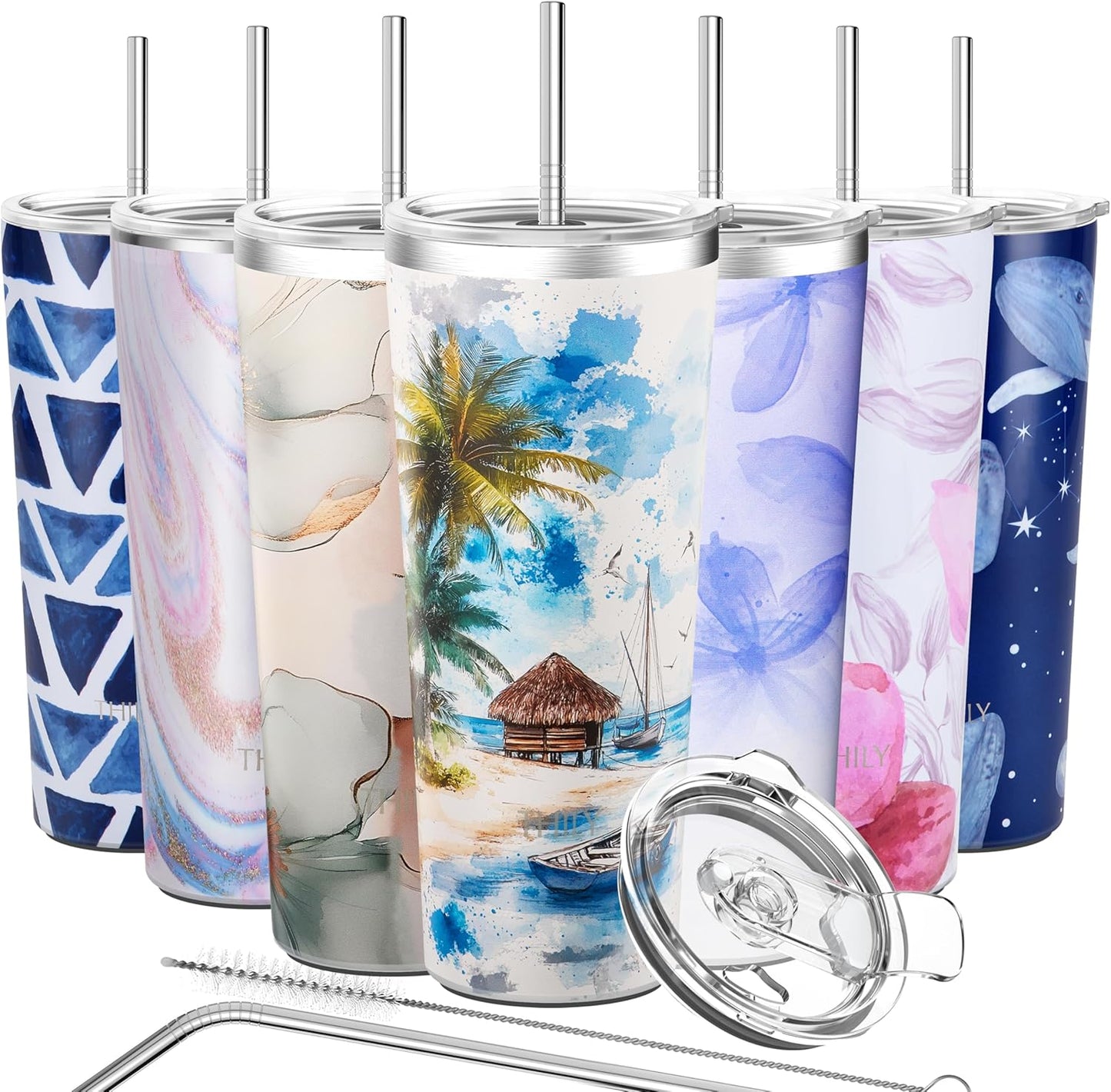 THILY Vacuum Insulated Stainless Steel Tumbler Travel Mug 26 oz Coffee Cup with 2 Lids and Straws, Splash Proof, Reusable, Keep Iced Drinks Cold, Coastal Breeze