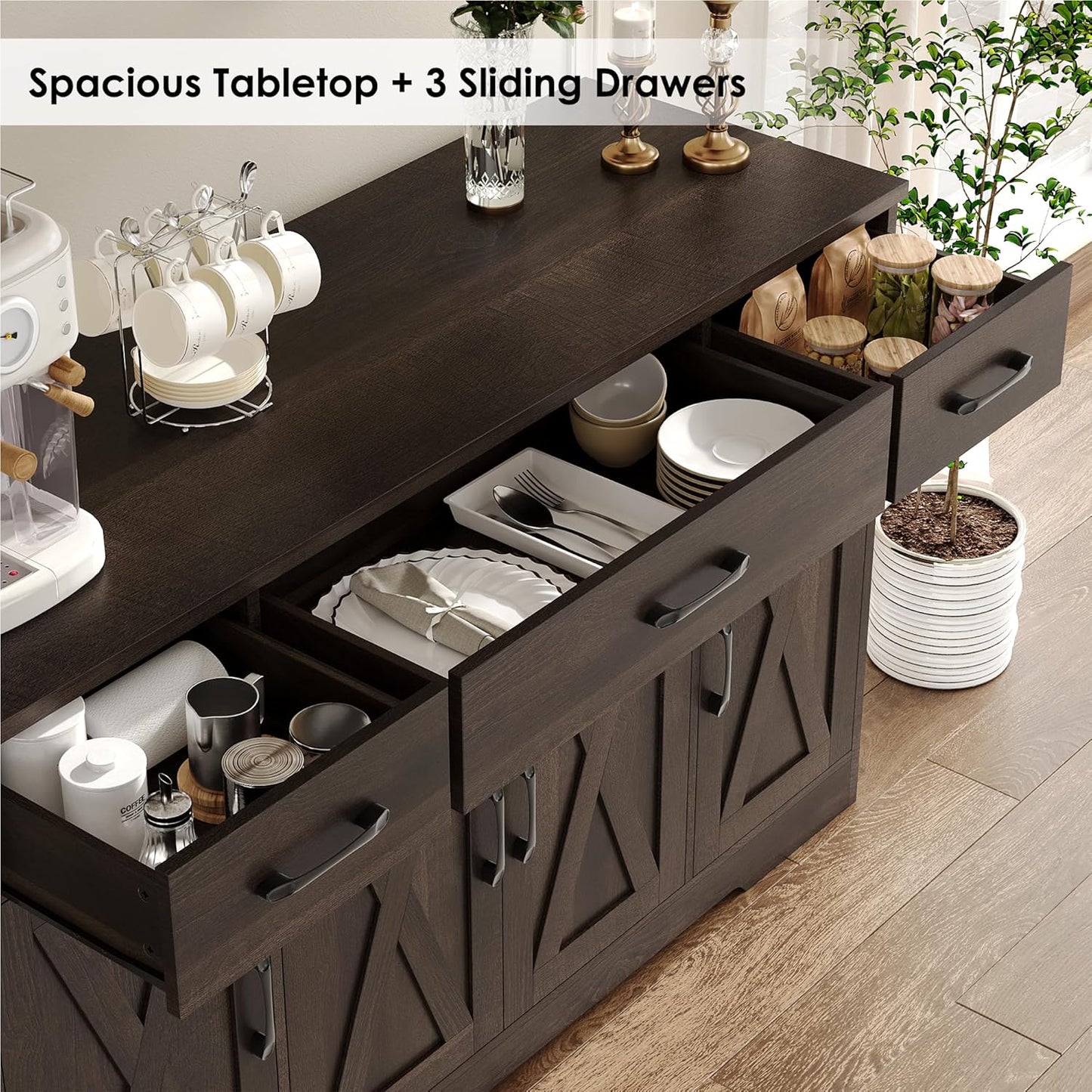 HOSTACK Buffet Cabinet with Drawers, 55" Large Sideboard Buffet Storage Cabinet with Shelves and Doors, Modern Farmhouse Coffee Bar Station Wood Kitchen Table for Kitchen, Dining Room, Dark Brown