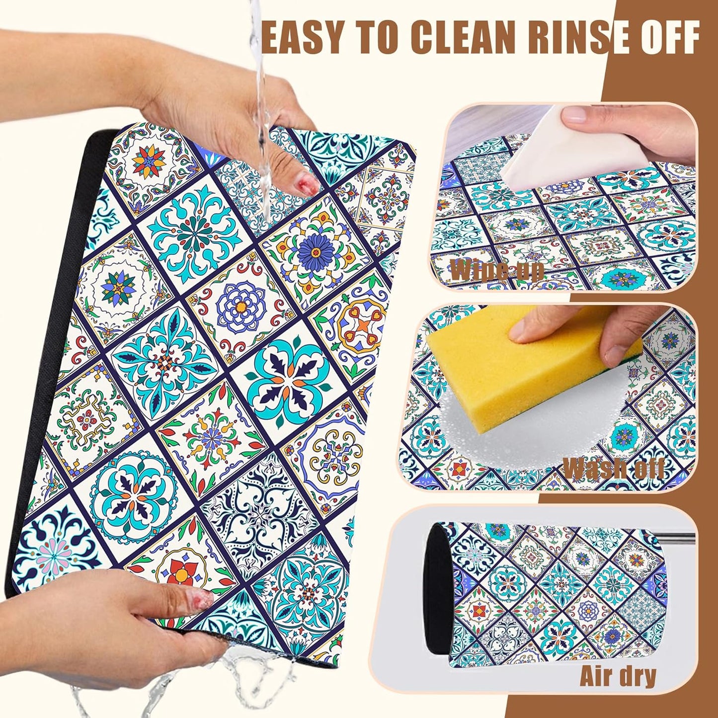 Colorful Tiles Dish Drying Mat for Kitchen Counter Hide Stain Absorbent Coffee Bar Mat Non-Slip Rubber Backed Drying Rack Pad Coffee Pot Espresso Machine Table Accessories 15.7 x 23.6 Inch