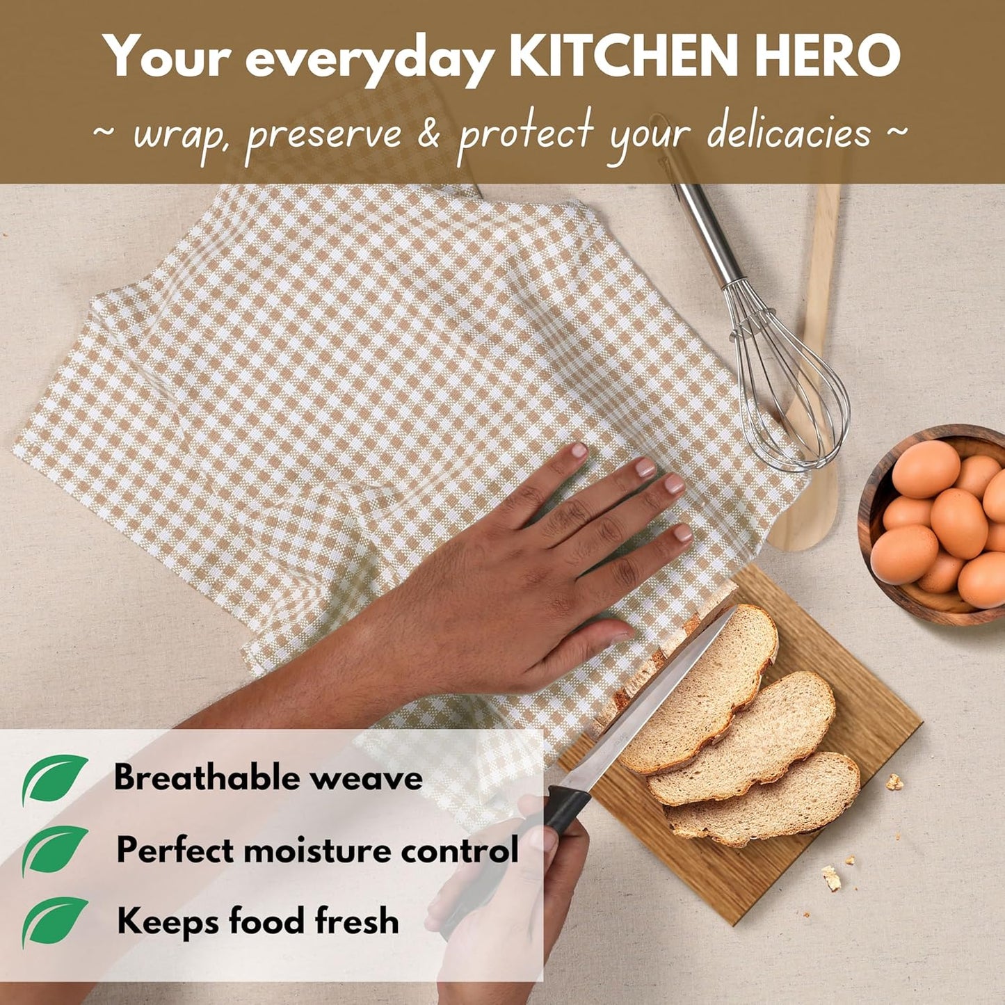 Native Fab Beige Gingham Kitchen Dish Towels 4 Pack 16"x26" - 100% Cotton Absorbent Plaid Tea Towels, Dish Cloths for Quick Drying, Reusable Dishcloth Set, Beige White