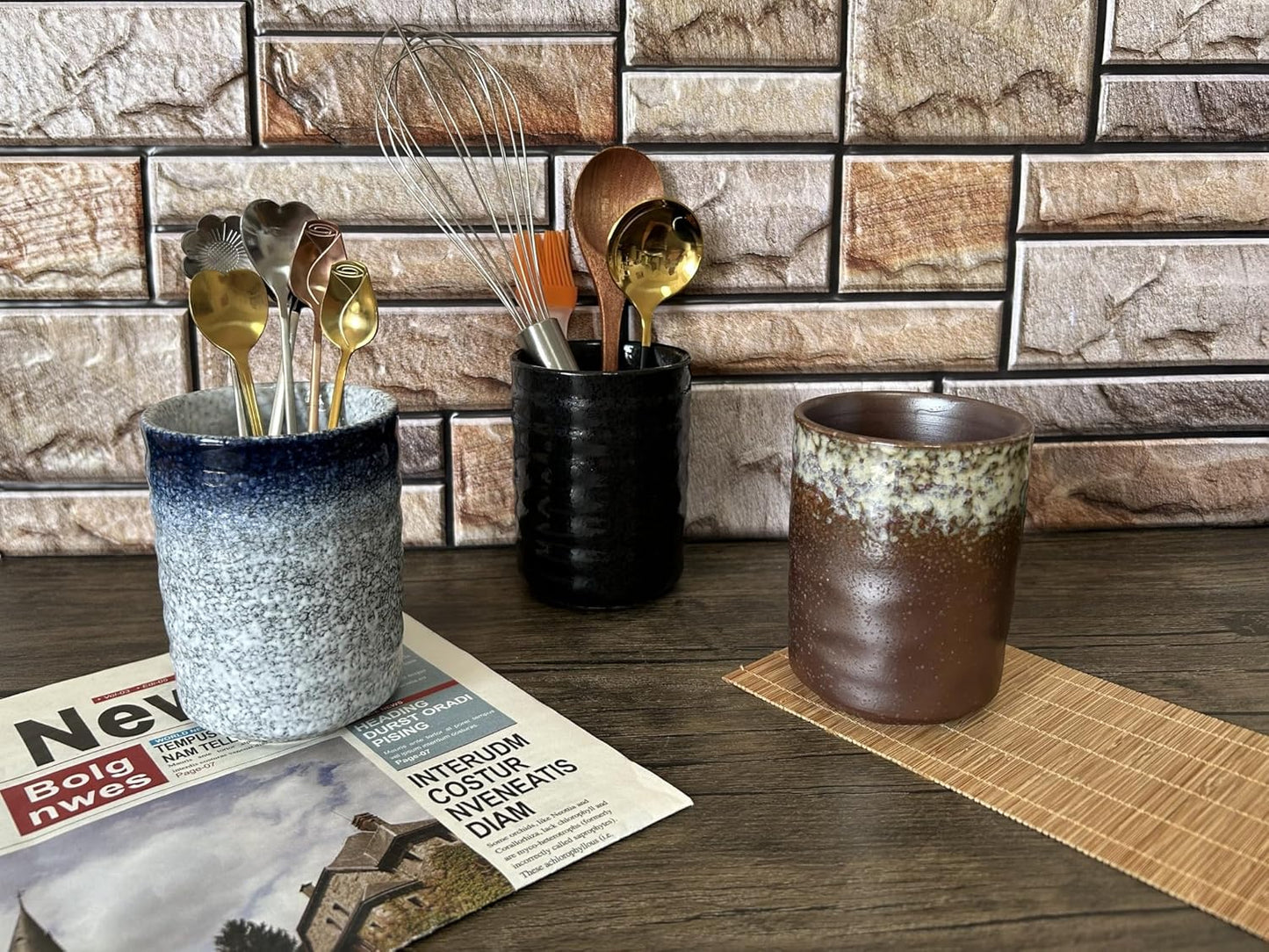 Stoneware Coffee Bar Utensil Holder Tea & Coffee Spoon & Stirrer Holder for Stir Stick Straw Teaspoon Holder Spoon Cup Small Utensil Jar (Retro Rustic Brown)