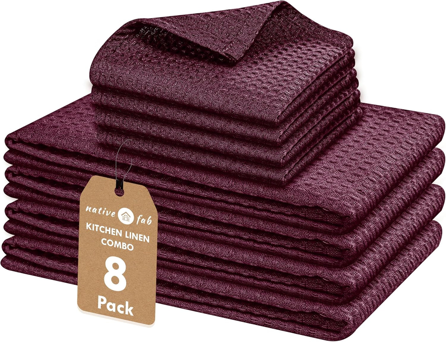 Native Fab Kitchen Towels & Dish Cloth Set, 100% Cotton, 8 Piece, Absorbent, Durable, Washable, Quick Drying Towel for Cleaning, Cooking, Baking - Ideal for Home, Bars & Everyday Use - Burgundy Wine