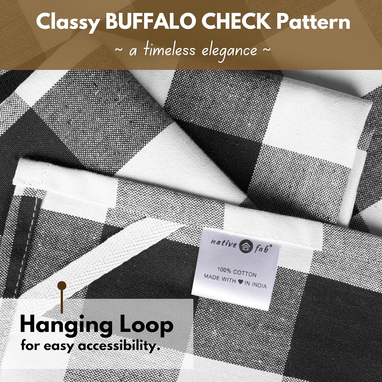 Native Fab 12-Pack Kitchen Towel with Hanging Loop 16x26 inches, Cotton Buffalo Check Kitchen Towels for Cleaning Drying, Washcloths Soft & Absorbent Cloth Rags, Bar Towel, Dish Cloth, Black