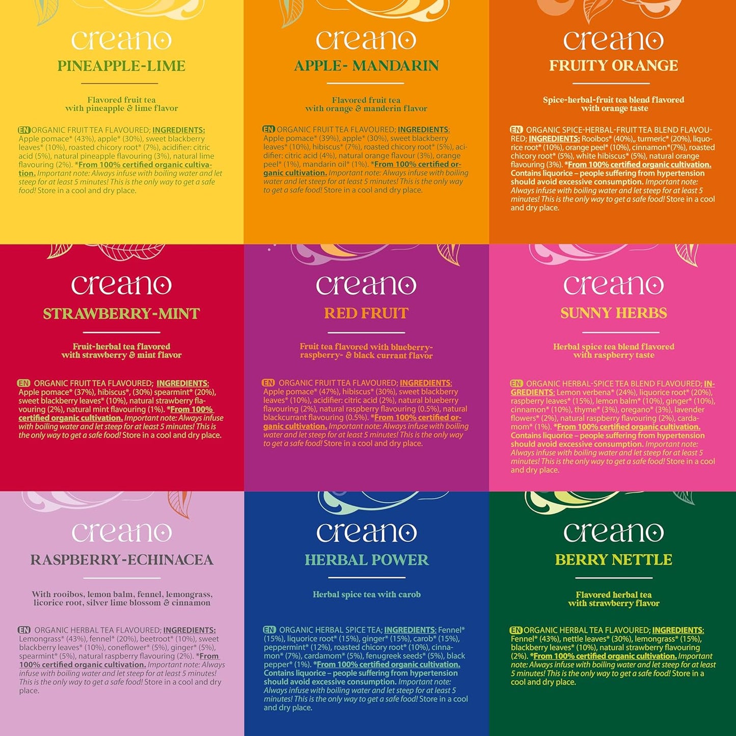 Creano Organic Fruit Tea - Herbal Tea Gift Set – 27 Organic Tea Bags in 9 Dreamy Varieties – 54 g