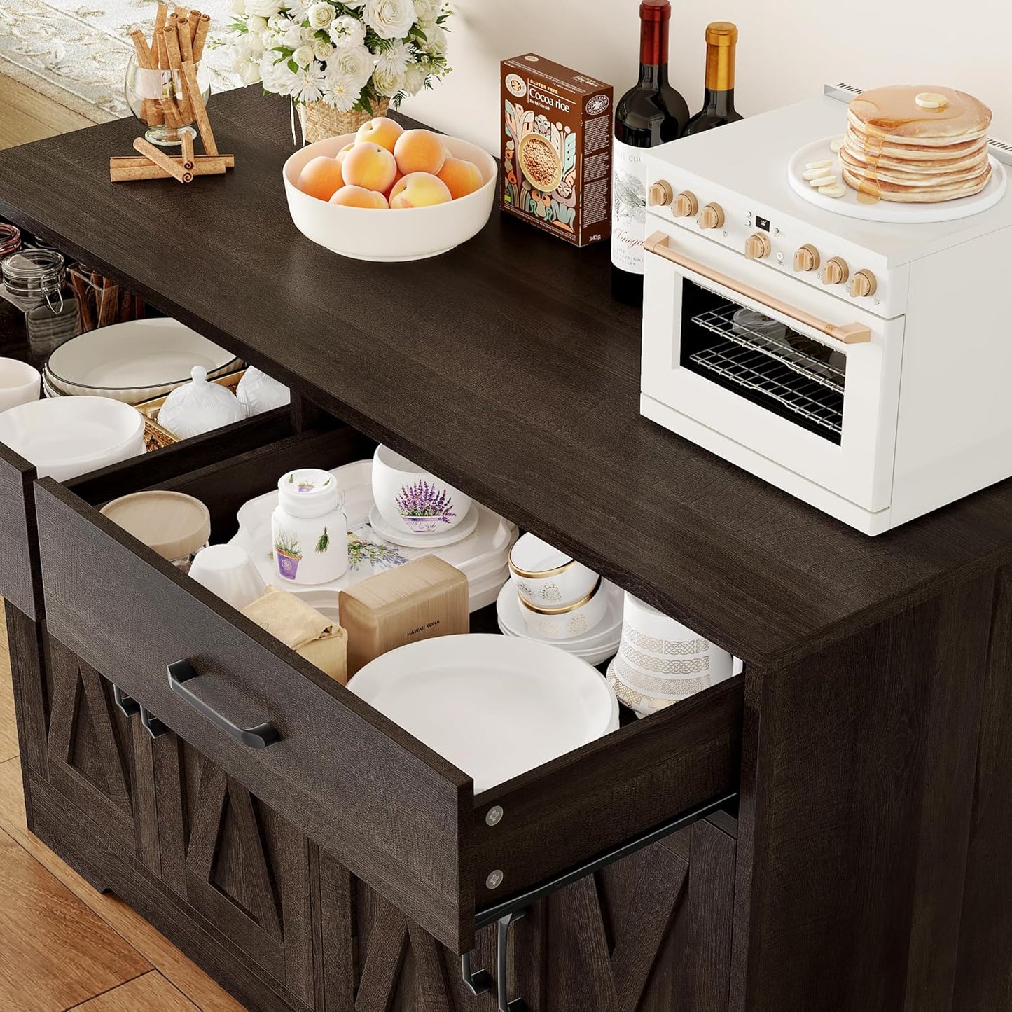 HOSTACK Buffet Cabinet with Storage, 47.2" Kitchen Sideboard Buffet with Drawers, Modern Farmhouse Coffee Bar Station with Shelves, Barn Doors Storage Cabinet for Living Room, Dark Brown