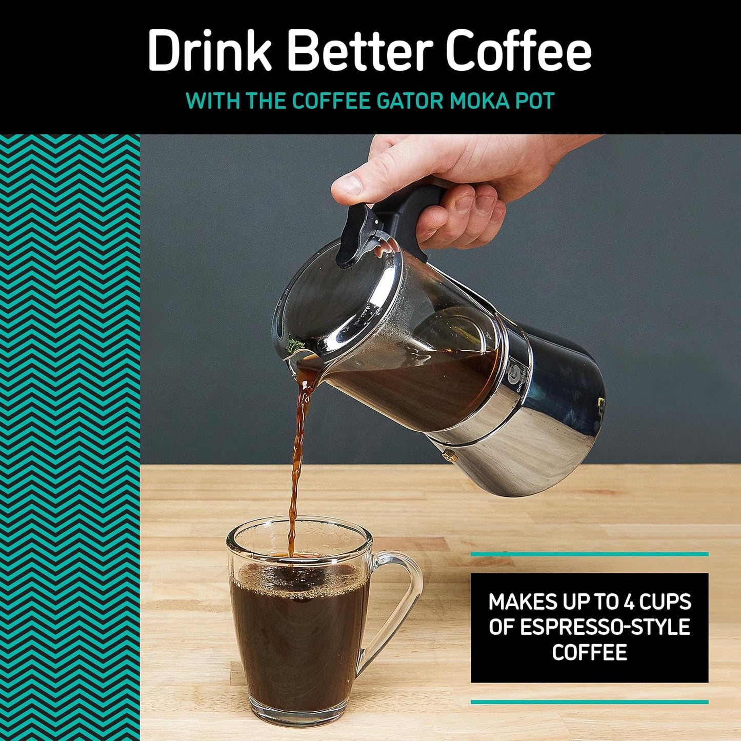 Coffee Gator 4 Cup Moka Pot, 6.7oz Stovetop Espresso Maker for Italian Coffee, Transparent Glass & Stainless Steel Design, Silver, 200ml