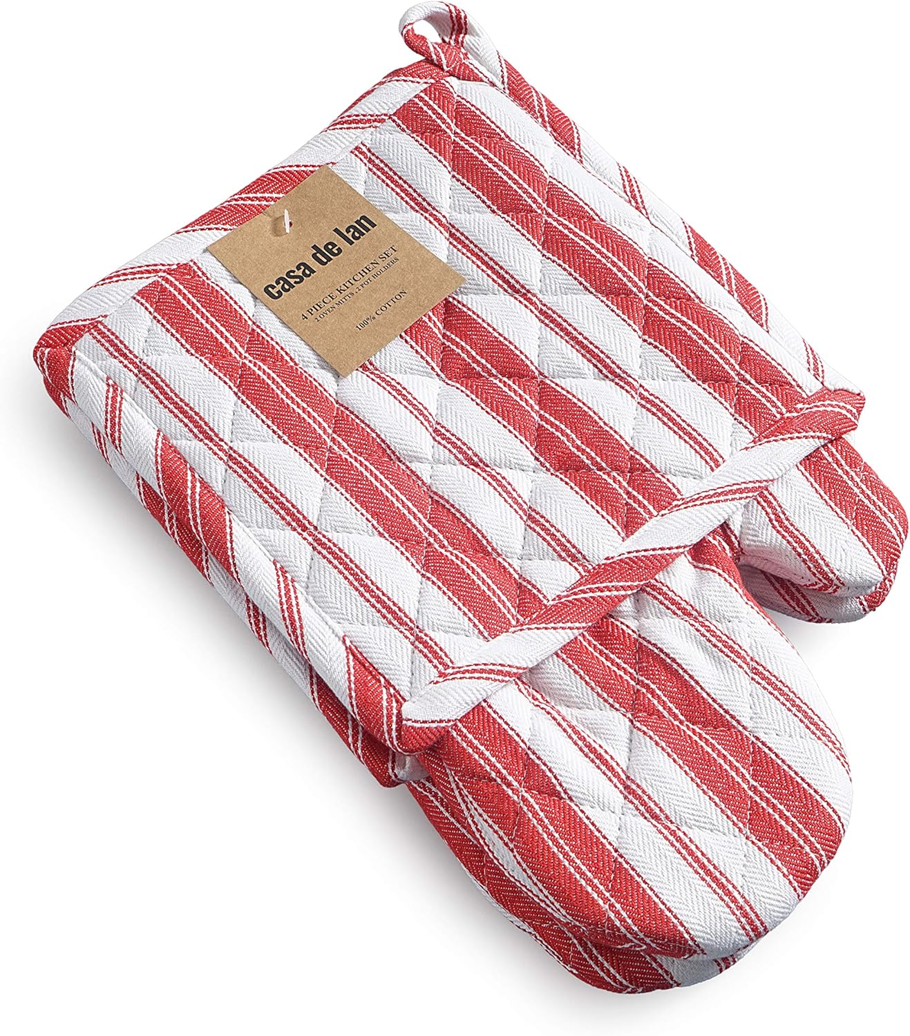 Oven Mitts & Potholder Set - Durable Heat Resistant Gloves - Thick Mittens for Kitchen - Suitable for Cooking, Baking, Grilling – BBQ - 2 Oven Mitts & 2 Potholders – Bright Red Stripes - Casa De Lan