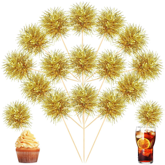 Chinco 100 Pcs Foil Firework Cupcake Toppers Sparkle Tinsel Cake Toppers Cake Decoration Cocktail Fruit Toothpick for Birthday Wedding Graduation Party(Gold)