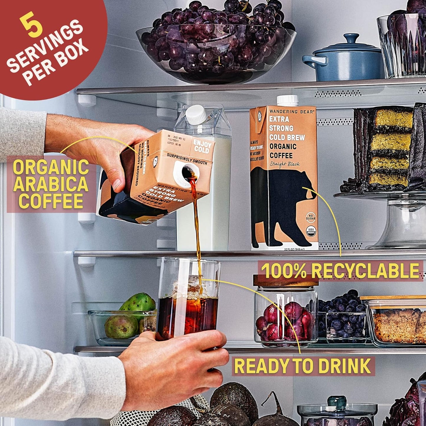 Wandering Bear Organic Mocha Cold Brew Coffee, 32 fl oz, 3 pack - Extra Strong, Bold, Smooth, Unsweetened, Shelf-Stable, Ready to Drink, Gluten Free, & Vegan, Iced Cold Brewed Coffee Drinks