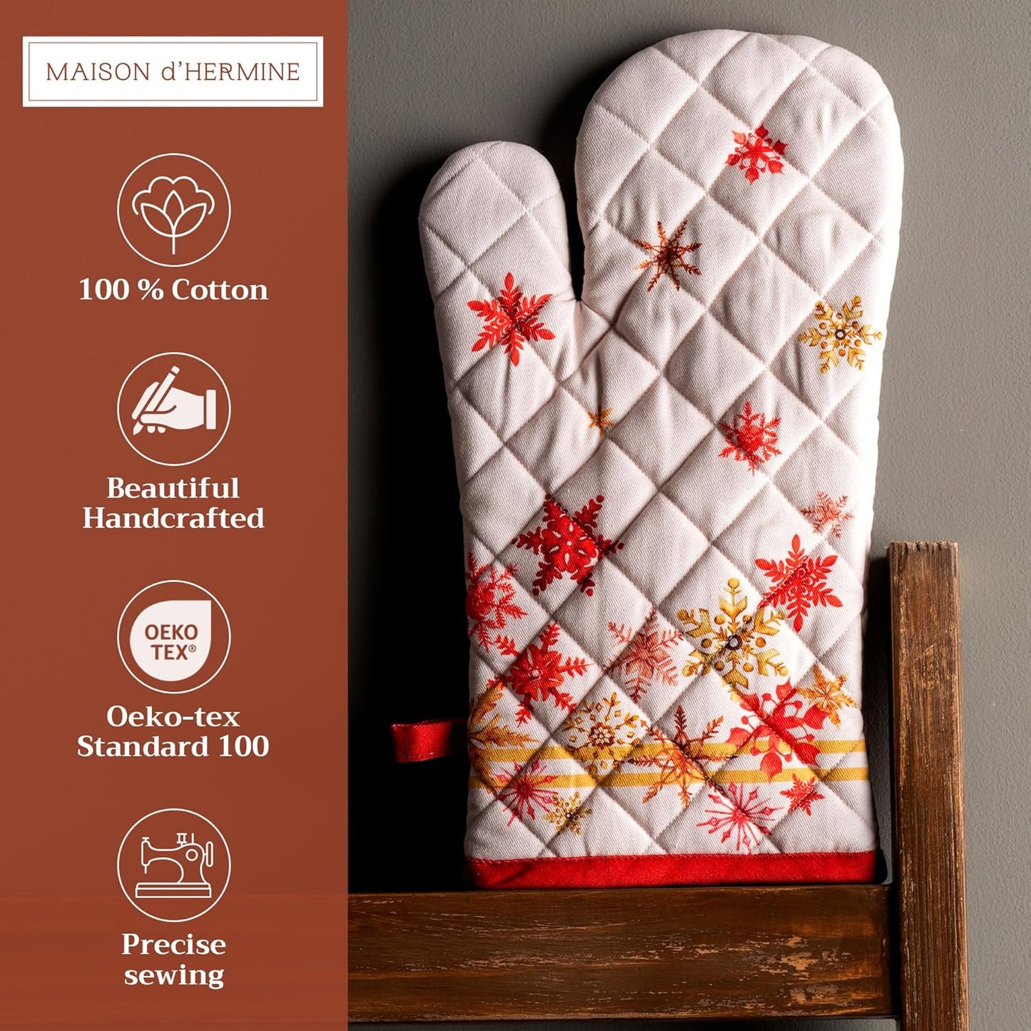 Maison d' Hermine Oven Gloves 100% Cotton Oven Mitt 7" x 13" with Loop Heat Resistant, BBQ, Cooking Gloves, Baking, Grilling, Kitchen, Handling Hot Pans (Pack of 1, Crystal Star)