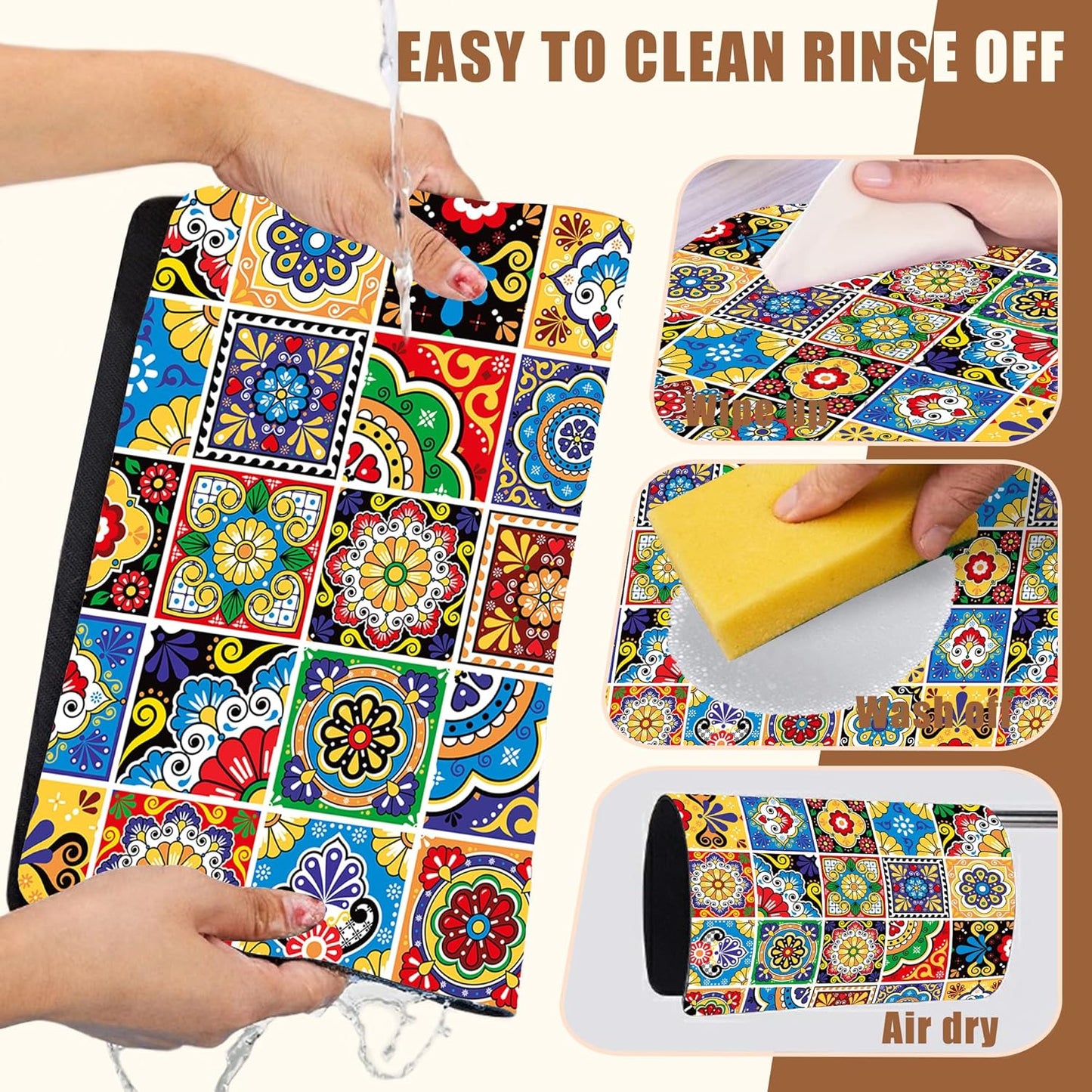 Talavera Mexican Tiles Dish Drying Mat for Kitchen Counter Bar Mat Hide Stain Absorbent Rubber Backed Coffee Mat Maker Espresso Machine Bar Accessories 15.7 x 23.6 Inch