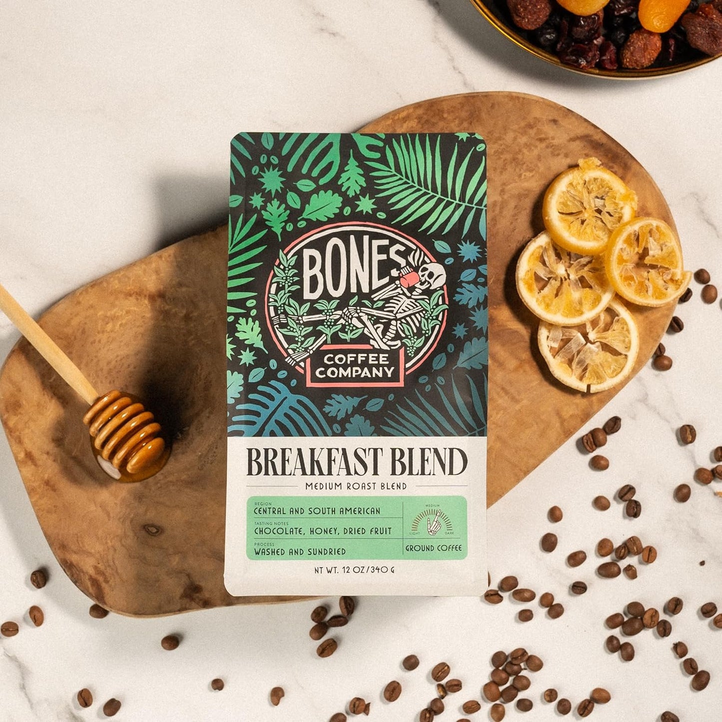 Bones Coffee Company Breakfast Blend, Chocolate, Honey and Dried Fruit Notes, Unflavored Coffee, Medium Roast Low Acid Arabica Beans Compatible with Auto drip and French Press Coffee Maker, 12 Oz Ground