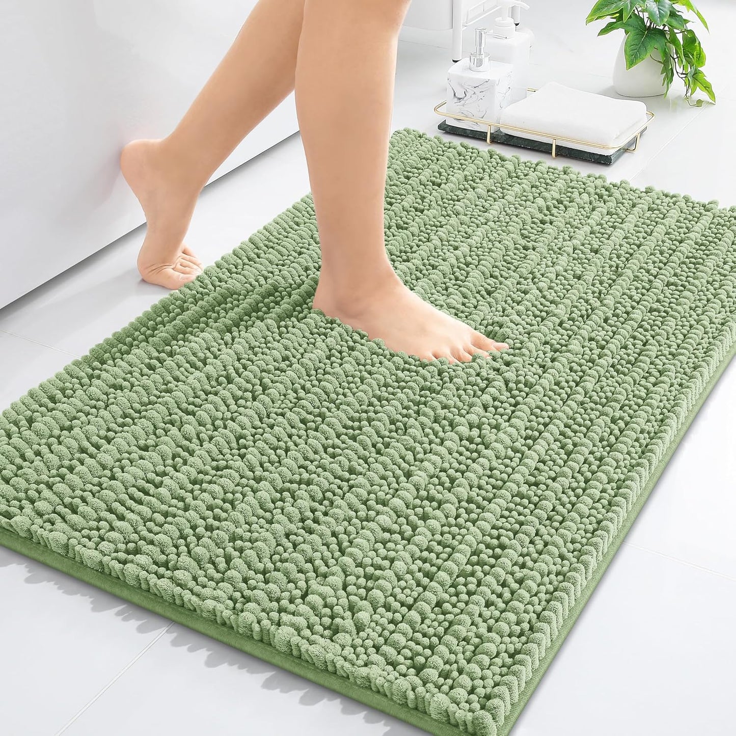 Arotive Luxury Chenille Bathroom Rug Mat, Extra Soft Thick Absorbent Shaggy Bath Rugs, Non-Slip Machine Wash Dry, Plush Bath Mats for Bathroom, Shower and Tub, 34x21, Sage Green