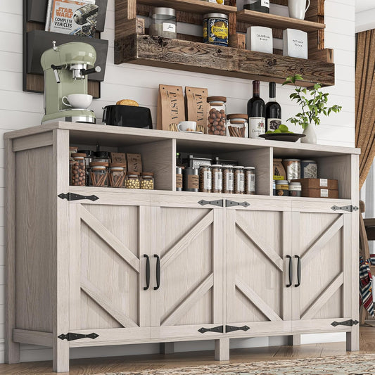 Buffet Cabinet with Storage Farmhouse with 4 Doors, 55'' Large Kitchen Storage Cabinet Wood Coffee Bar Buffet Sideboard for Kitchen, Dining Room, Entryway