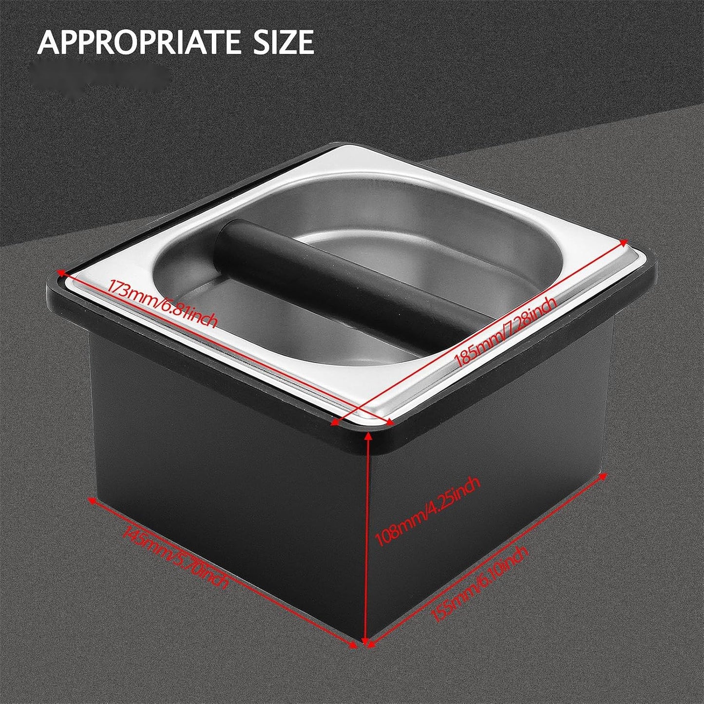 Espresso Knock Box,Stainless Steel Coffee Pucks Container, with Steel Holder and Noise Reduction Rubber Ring (7.28 x 6.8 x 4.25 inch)