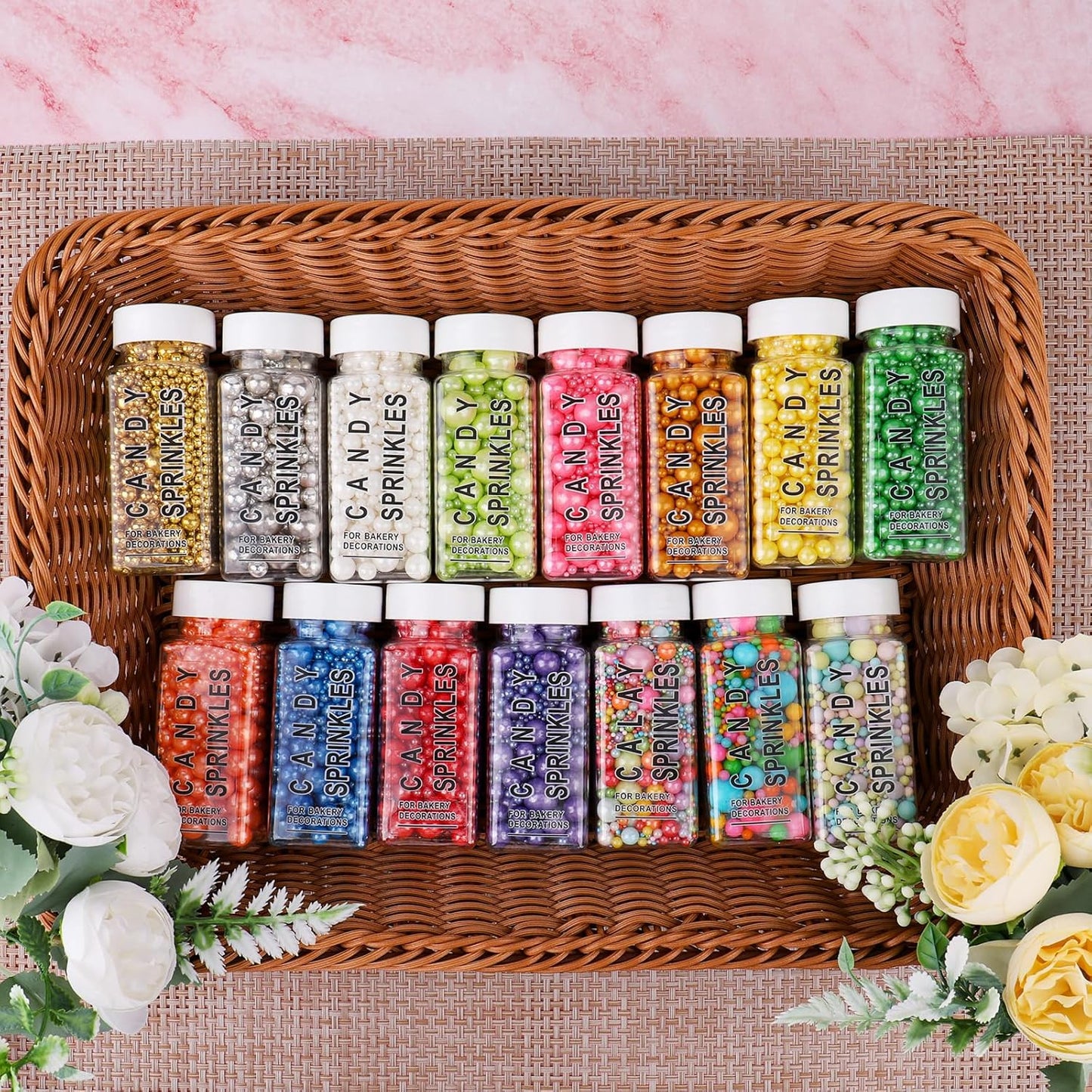 White Pearl Sprinkles for Cake Decorating, 6 Sizes Mix 4.6 oz Edible Pearl Sugar Sprinkles for Cupcake Cookies Ice Cream Donuts Baking Topping