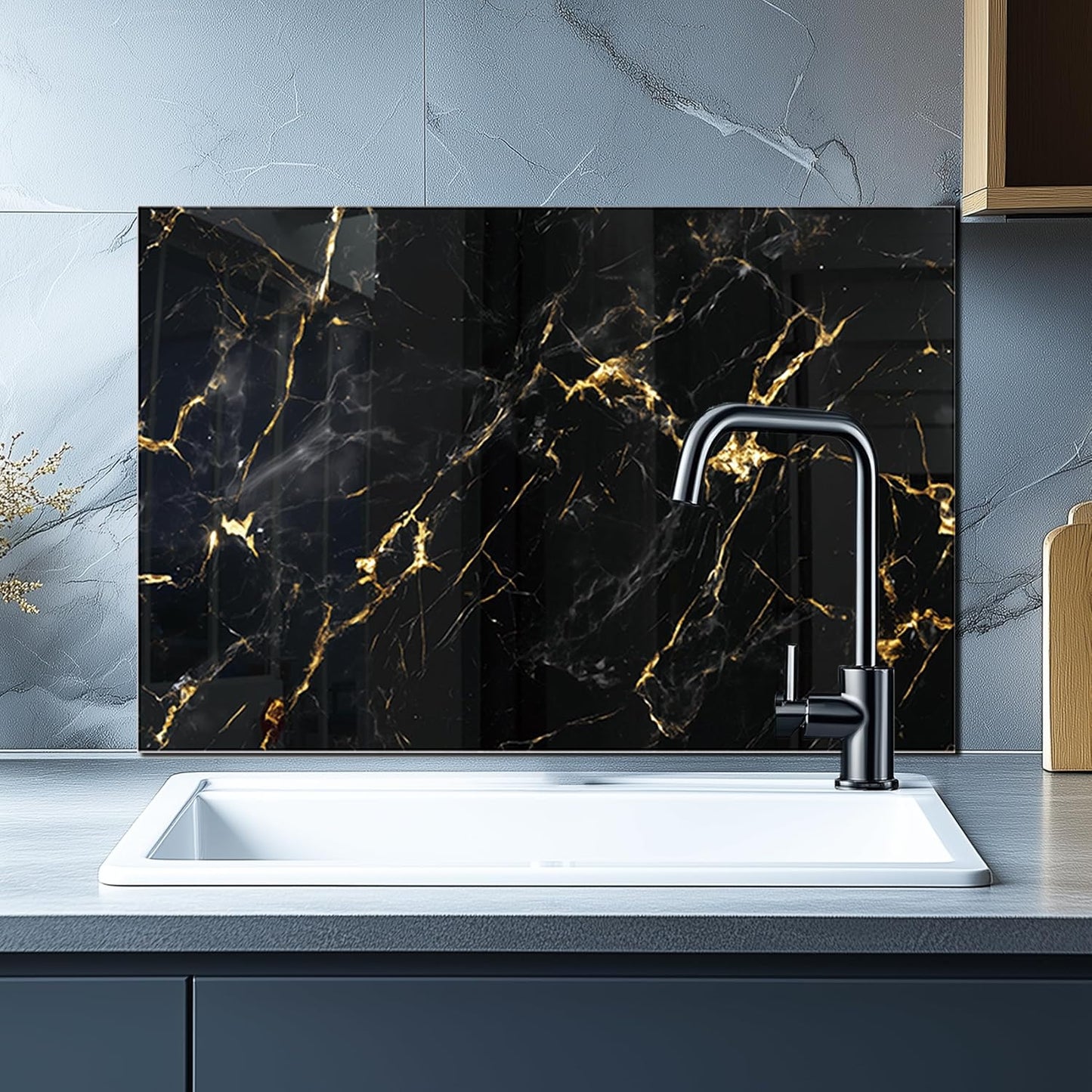 DAIFURONGE Tempered Glass Backsplash For Kitchen Behind Stove,Black Marbling Stove Backsplash Top Cover,Easy to Clean Glass Splashback, Sink Cover Splash Guard,Home Kitchen Wall Decor (23.62"x15.75"(60x40cm))