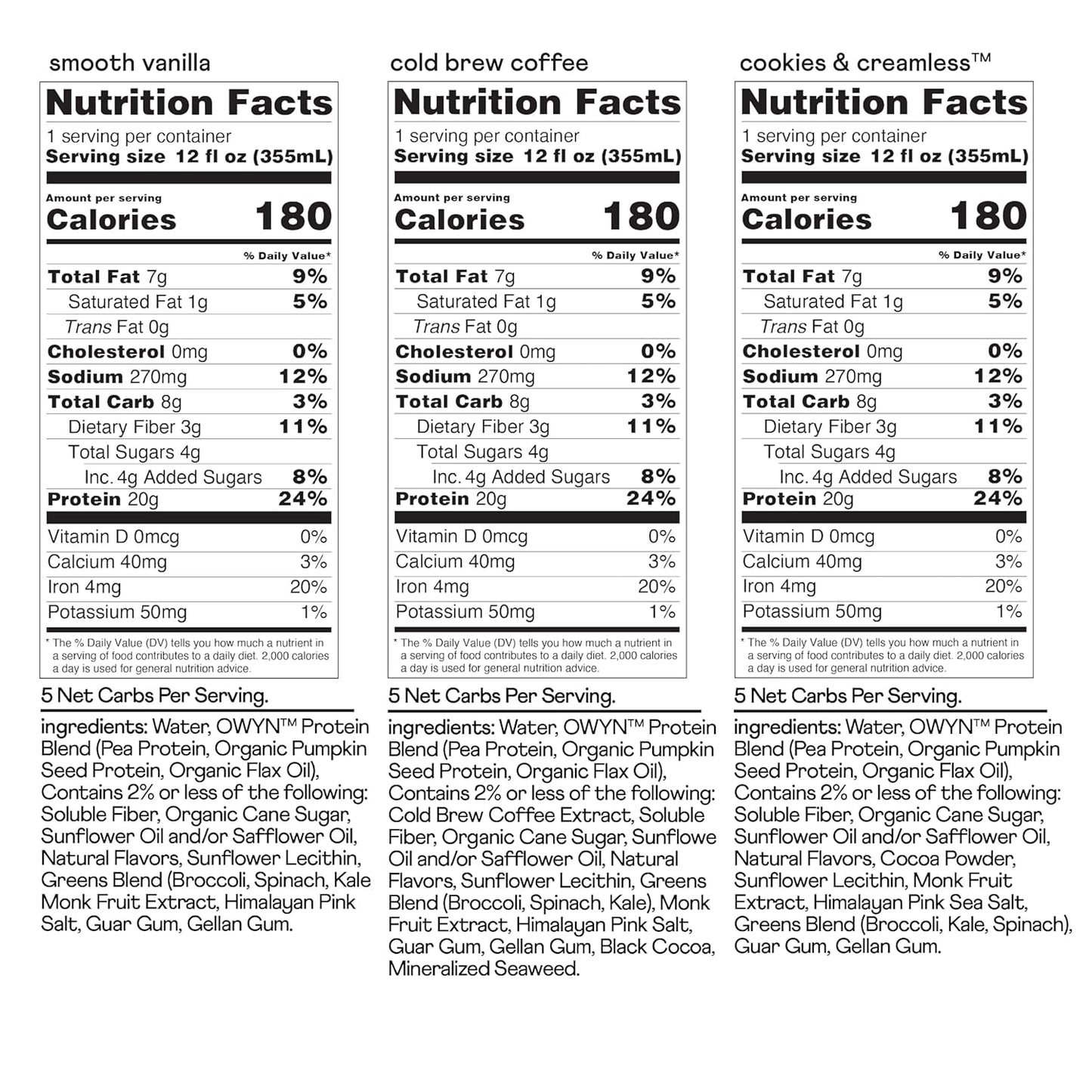 OWYN Only What You Need Plant Based Protein Shake, 20g Vegan Protein from Organic Pumpkin seed, Flax, Pea Blend, Prebiotic supplement, Gluten & Soy-Free (Vanilla Variety Pack, 12 Pack)