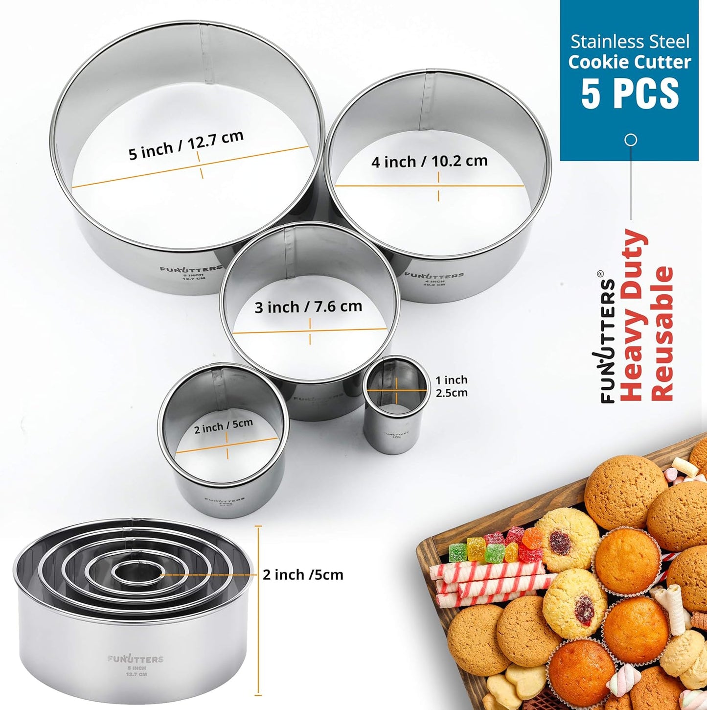 Cookie Cutter Set, 5 Pc. Kit, Measuring 1'', 2'', 3'', 4'' and 5'', Round Metal Baking Rings for Pastry, Biscuits, and Dough Cutting, Heavy Duty and Reusable, Multiple Sizes