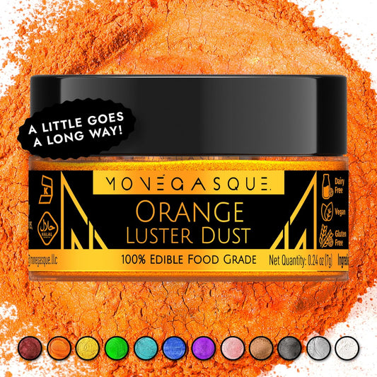 MONÉGASQUE Orange Edible Glitter for Drinks 7g – Edible Glitter for Cakes & Cocktails - Orange Luster Dust for Cocktail, Halloween Cake, & Strawberries - Drink, Food Decorations, Cake Decorating Spray