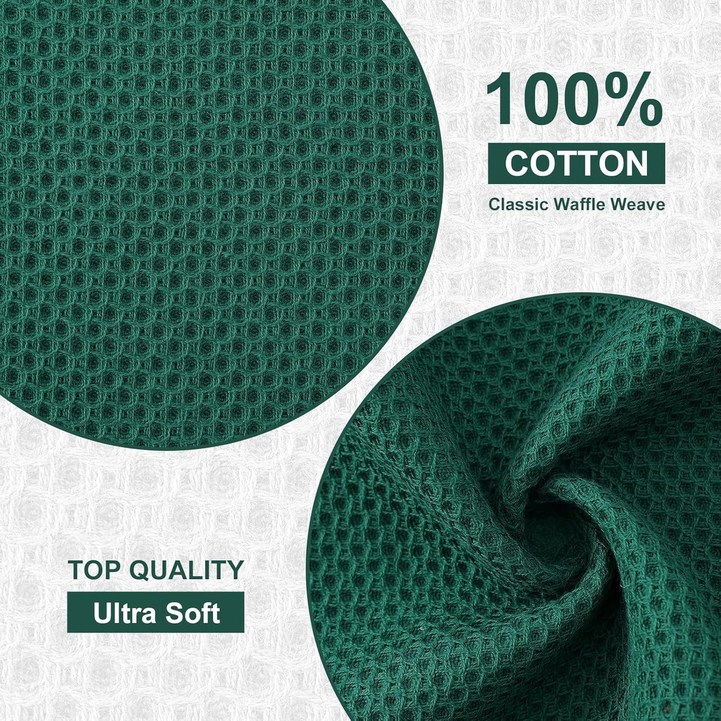 Kitinjoy 100% Cotton Kitchen Dish Cloths, 6 Pack Waffle Weave Ultra Soft Absorbent Dish Towels for Drying Dishes Quick Drying Kitchen Towels Dish Rags, 12 X 12 Inches, Dark Green