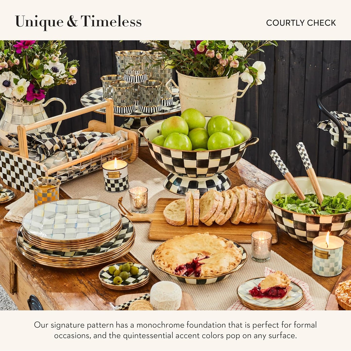 MACKENZIE-CHILDS Enamel Pie Plate, Ovenproof Pie Pan for Cooking and Serving, Black-and-White Courtly Check