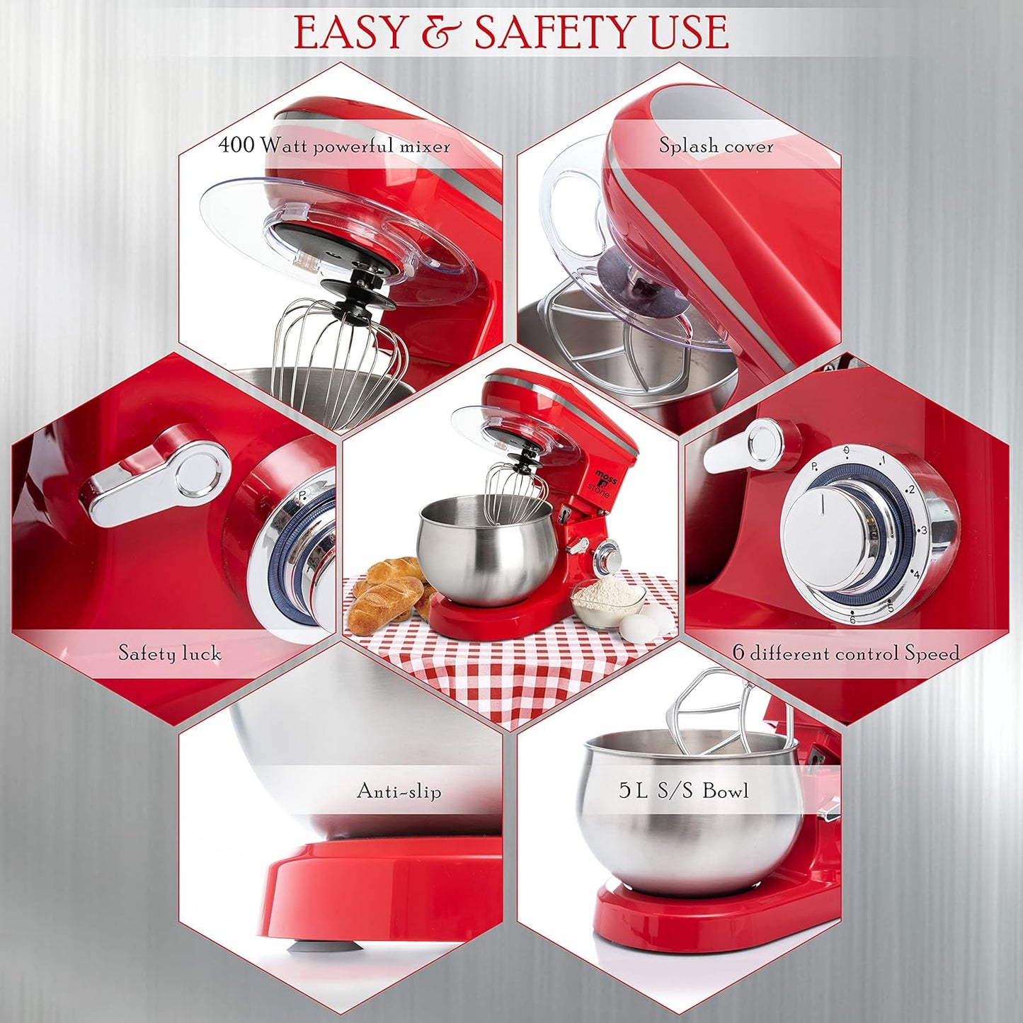 Moss & Stone Stand Mixer, 6 Speed Electric Mixer With 5.5 Quart Stainless Steel Mixing Bowl, Red Body Kitchen Mixer With Dough Hook, Whisk, Beater & Baking Spatula, Classic Food Mixer